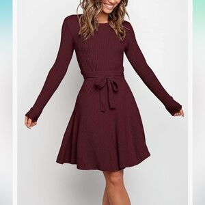 Maroon long-sleeved, tie-waist, a-line ribbed knit dress